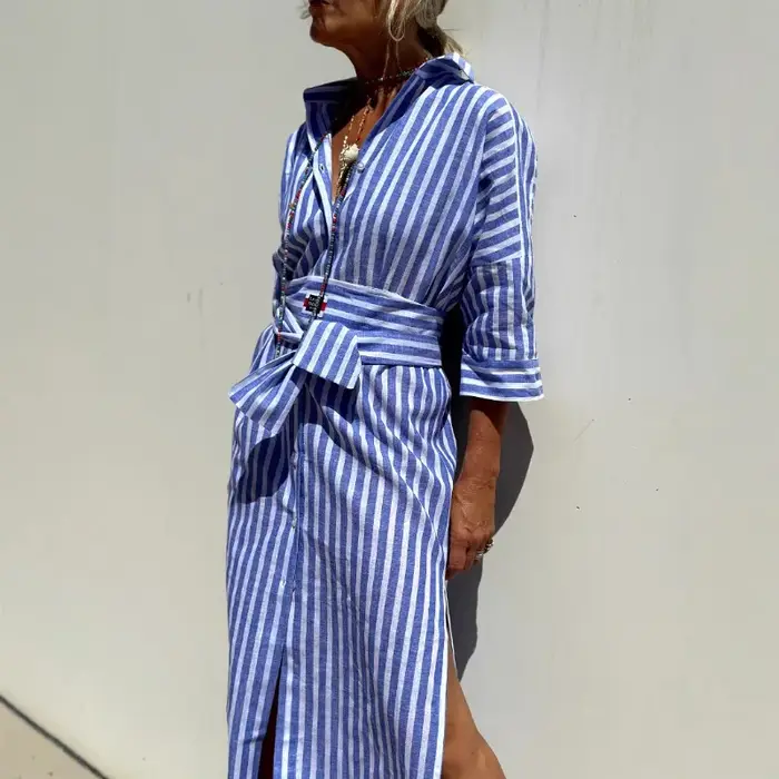 Robe chemise cardigan à col polo sans manches mi-longue rayée tendance pour femme