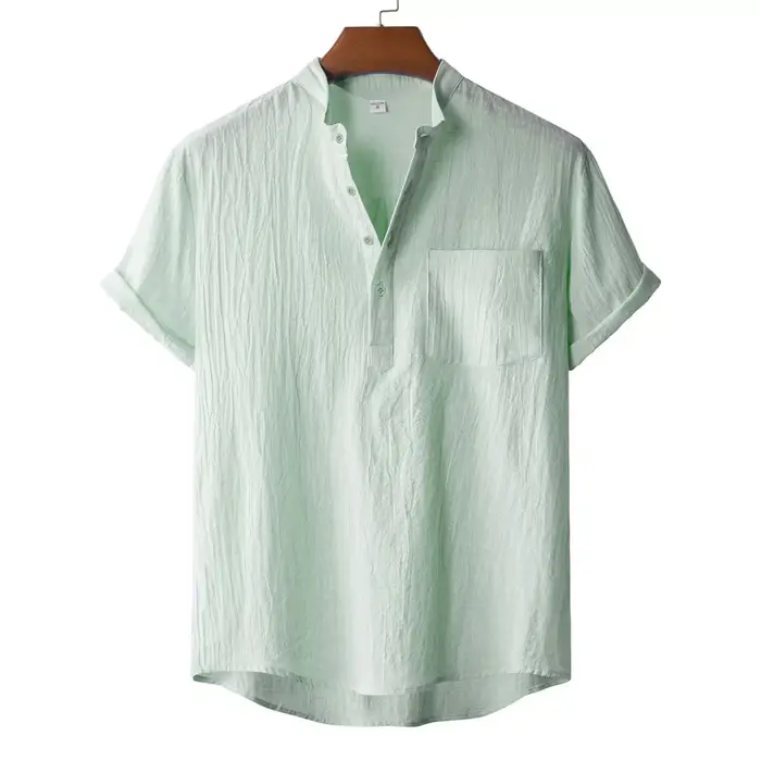 T-shirt d'été en coton et lin pour hommes, Style plage, manches courtes, col Henley, vacances hawaïe