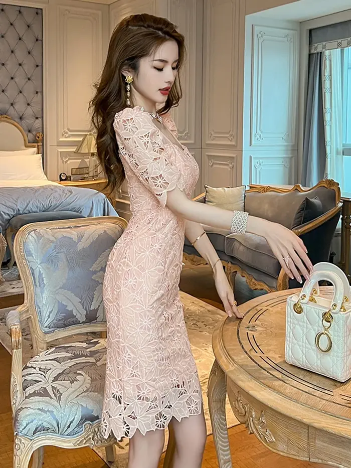 Fashion Summer Lace Elegant Women Evening Short Dress Chic Hollow Sexy Square Collar Slim Mini Party