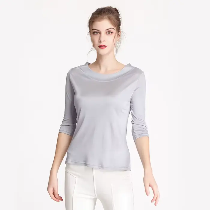 Birdtree soie mélange tricoté solide T-shirts, Slash cou lâche femmes décontracté basiques T-shirts,