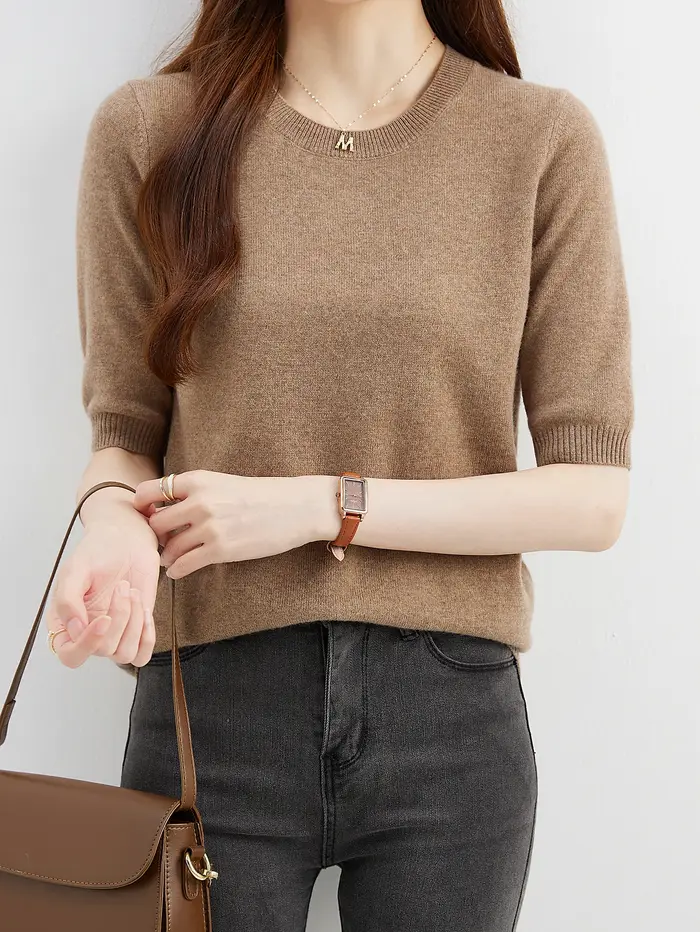 Pull ras du cou en laine mérinos pour femme, pull à manches courtes, pulls en tricot, vêtements fémi