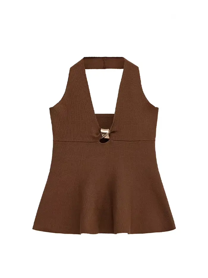 HH femmes été Simple boucle dorée Design haut femme élégant sans manches dos nu ourlet col suspendu solide