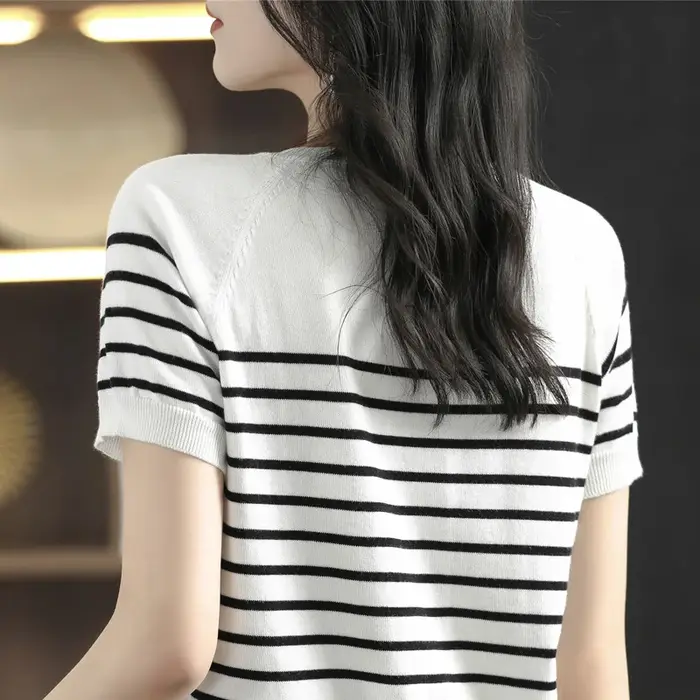 T-shirt 100% coton pour femmes, tricoté à rayures, manches courtes, décontracté, col rond, hauts bas