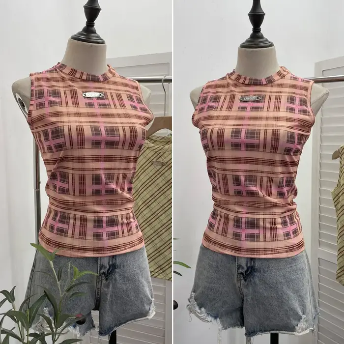 ISAROSE Vintage débardeurs pour femmes été sans manches Plaid maille extensible Double couches col rond mince hauts courts vêtements de sport