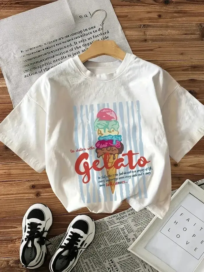 Sweet Life Ice Cream - T-shirt confortable à manches courtes et col rond avec imprimé de dessins ani