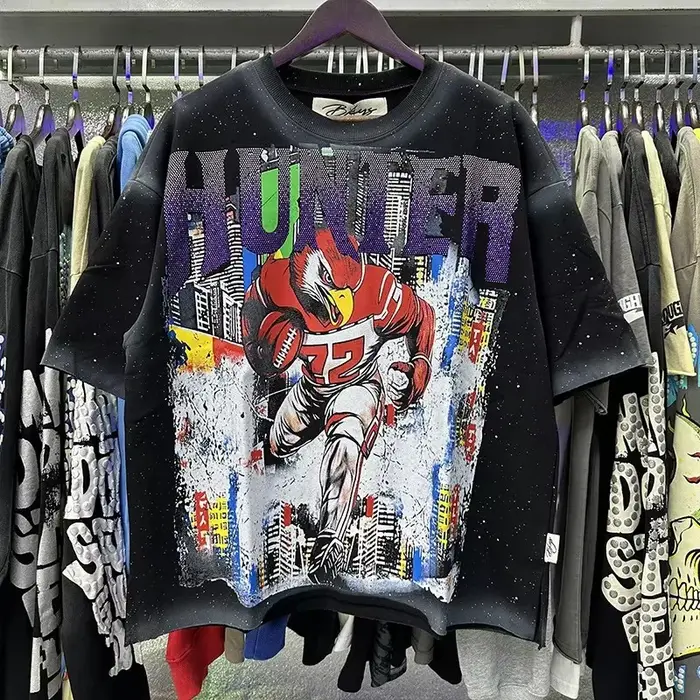 T-shirt court unisexe en molleton French Terry vert abricot avec imprimé graphique streetwear et strass