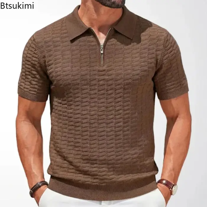 Nouveaux Polos Homme Décontractés Coupe Slim Été Couleur Unie Tricotés Pulls Vintage Manches Courtes Texturés