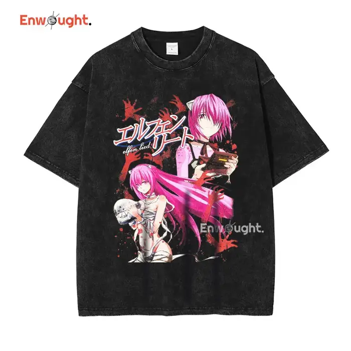 Anime Elfen Lied T-shirt Vintage lavé Y2K Manga motif haut t-shirts surdimensionné à manches courtes DTG impression