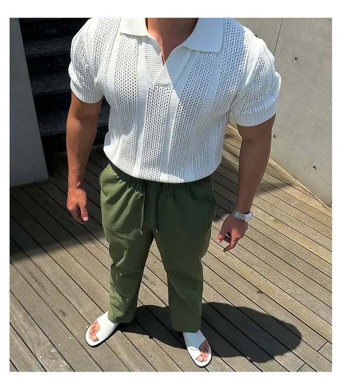 Polo vintage pour homme, manches courtes, col respirant ajouré, haut en maille d'été, t-shirt tricot