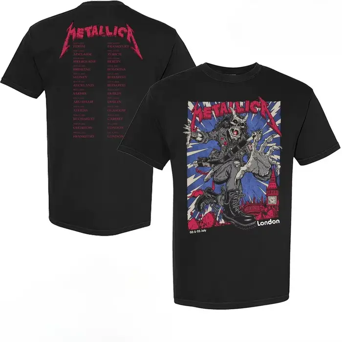 T-shirt Metallica M72 London 2026 avec les dates de la tournée mondiale des membres du groupe