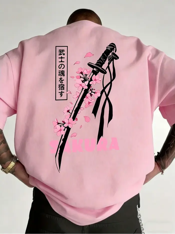 T-shirts en coton imprimé Sakura Katana japonais pour hommes