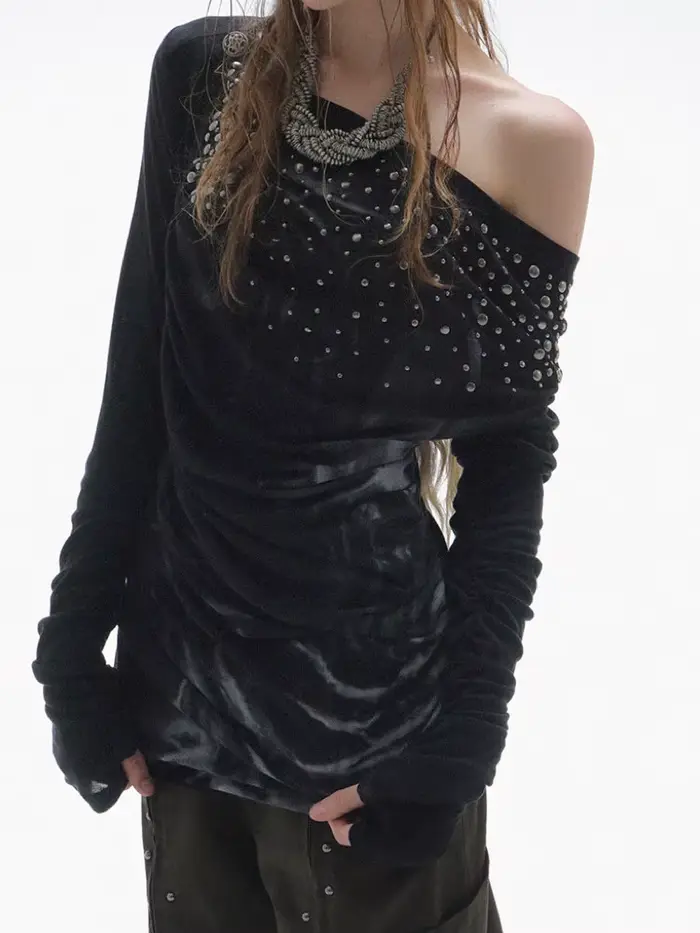 À la mode américain rétro y2k Harajuku punk début d'automne col pivotant épaule oblique chaud diamant imprimé design sens haut emo