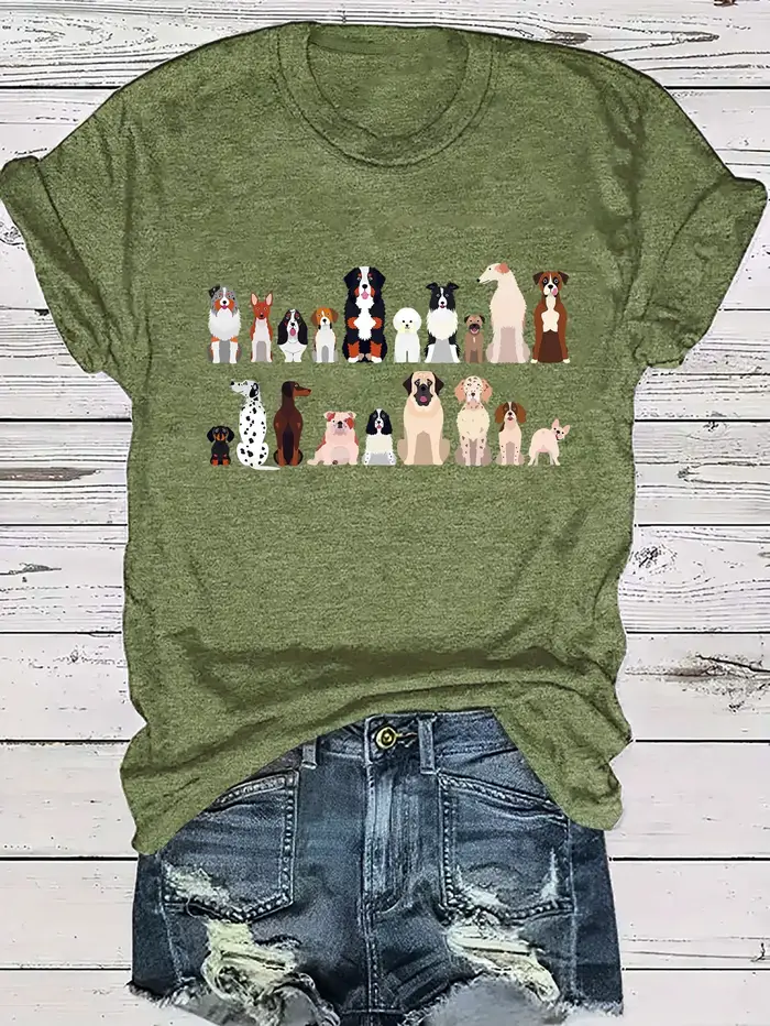 T-shirt pour femme avec collage de races de chiens mignons - Haut décontracté pour les amoureux des animaux