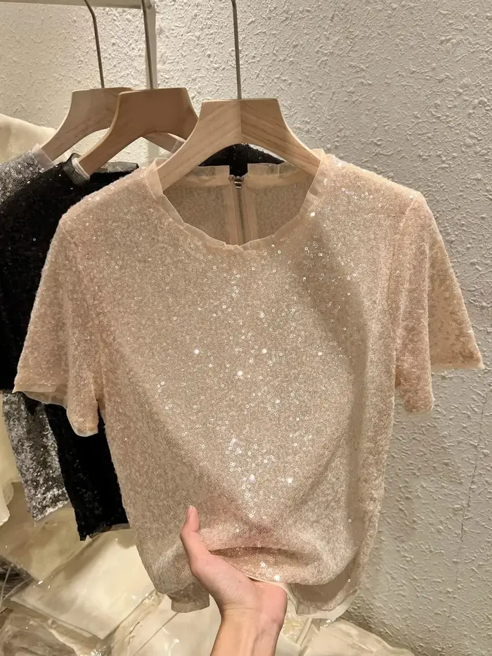 Gris noir maille à manches courtes paillettes T-shirt pour femmes été graphique t-shirts Ropa De Mujer Camisetas hauts amples Grunge