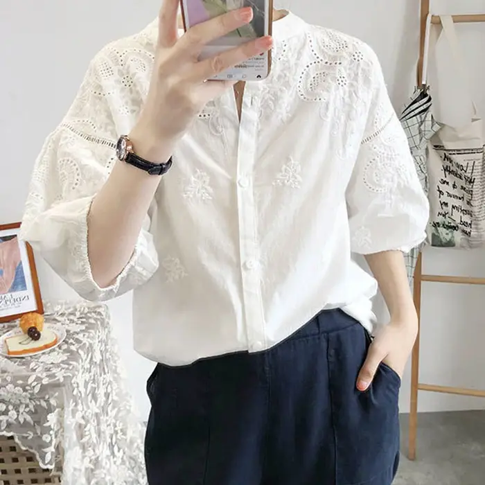TEELYNN blanc coton broderie florale Blouse chemises pour haut pour femme chemise Vintage Blouses été 2025 Boho décontracté dames Blusas