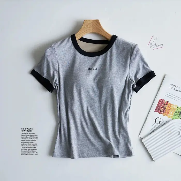 No-Pad intégré décontracté à manches courtes col rond T-Shirt femmes été sans soutien-gorge porter des vêtements