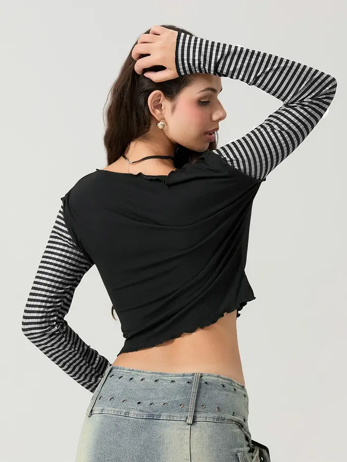 Women T-shirt Long Sleeve Crew Neck Star Stripe