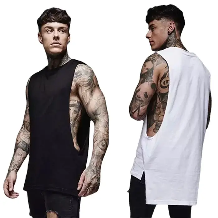 Chemise de sport en coton pour hommes, haut de sport, vêtements de fitness d'été, chemise d'entraînement, chemise longue pour hommes, Hip Hop