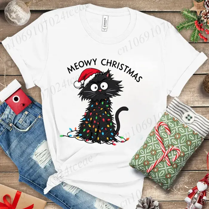T-shirt graphique décontracté pour femmes – Imprimé de Noël Meowy