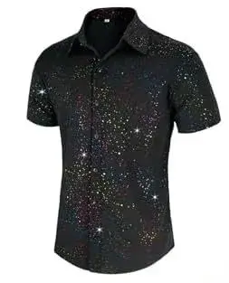 Chemise disco pour homme style années 70, à manches courtes, boutonnée, avec paillettes rétro et fin
