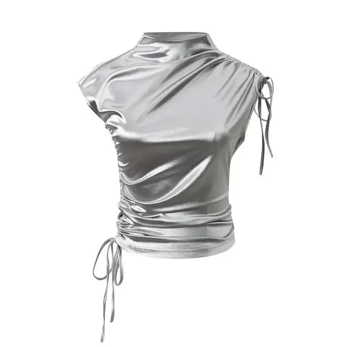 Économie à manches courtes pour femmes, monochromatique, froncé, mode streetwear, flods, unique, cou