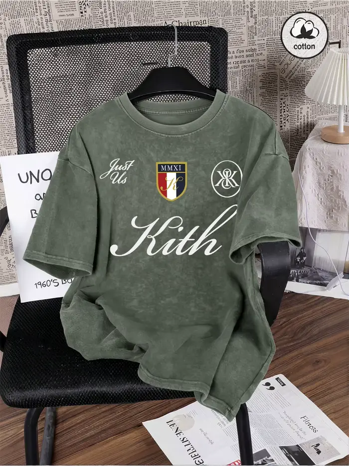T-shirt délavé en coton pour homme Just Us Kith Art Letter Printing, coupe oversize, col rond, décon