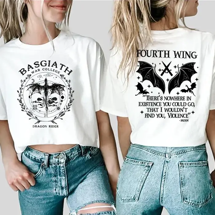 Basgiath War College T-Shirt imprimé sur 2 côtés Chemise à quatre ailes Dragon Rider Tee Violet Sorr