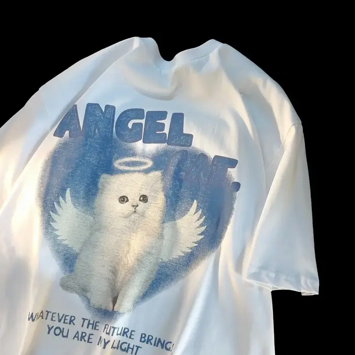 T-shirt imprimé chat ange mignon pour hommes et femmes pur coton mode d'été tendance décontracté confortable Couple haut à manches courtes Harajuku