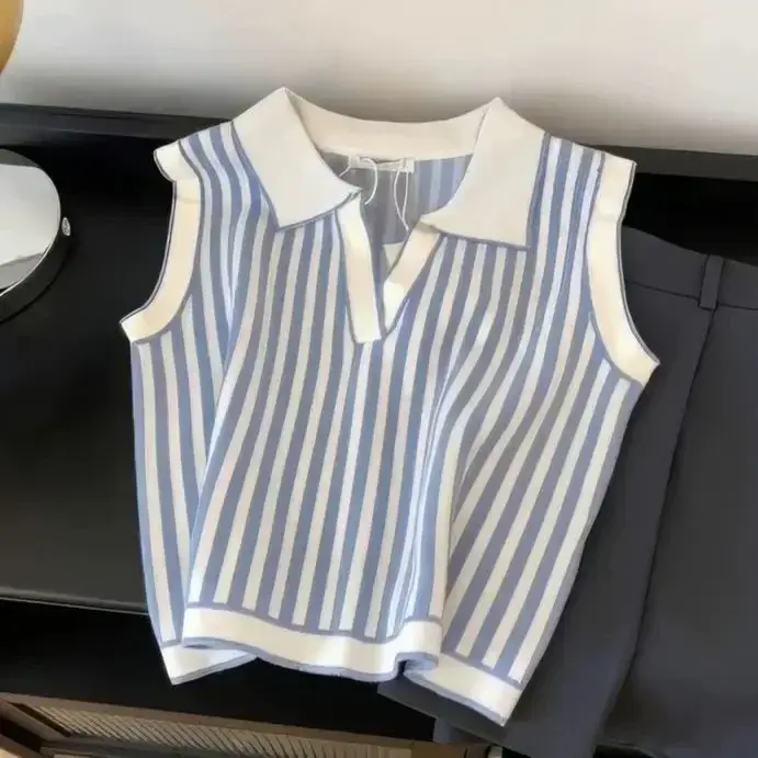 Haut sans manches à col jeune rayé bleu pour femmes, chemisier ample et doux, nouvelle collection ét