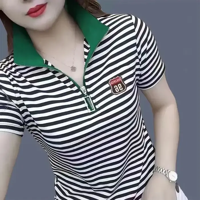 Polo col chemise pour femmes graphique Baggy femme T rayé vêtements