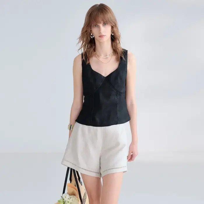 Nouveau débardeur élégant pour femme 100% lin à col en V et bordure en dentelle