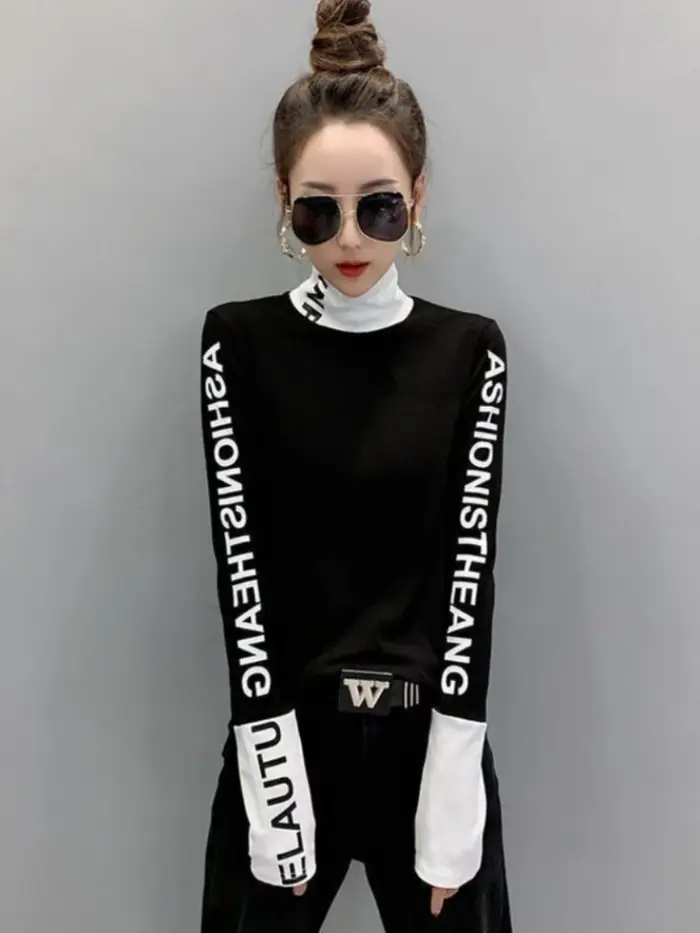 Vêtements chaud T-shirt haut jaune pour femmes avec impression 2025 col roulé femme