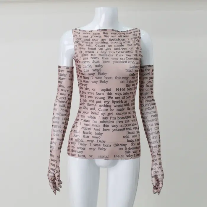 AHAgaga Sexy T-shirt femmes 2022 hiver décontracté lettre imprimer maigre voir à travers avec des gants chemises