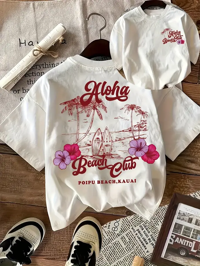 T-shirt à motif graphique Hawaii Aloha Beach Club pour femme, mode estivale, manches courtes, style 