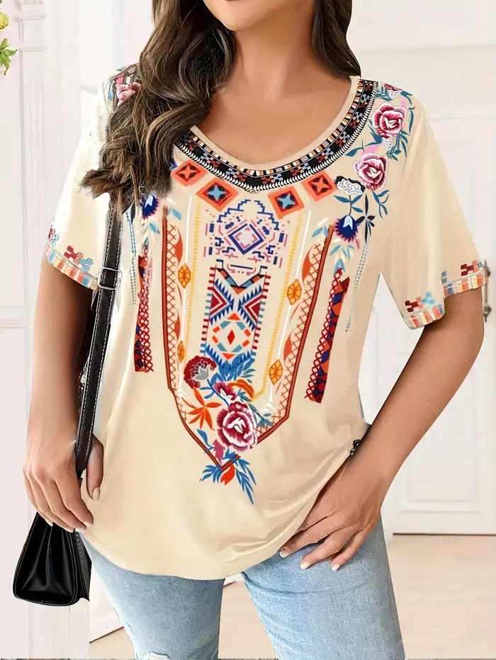 Grande taille femmes T-Shirt Boho Harajuku imprimé graphique été à manches courtes décontracté hauts rue mode