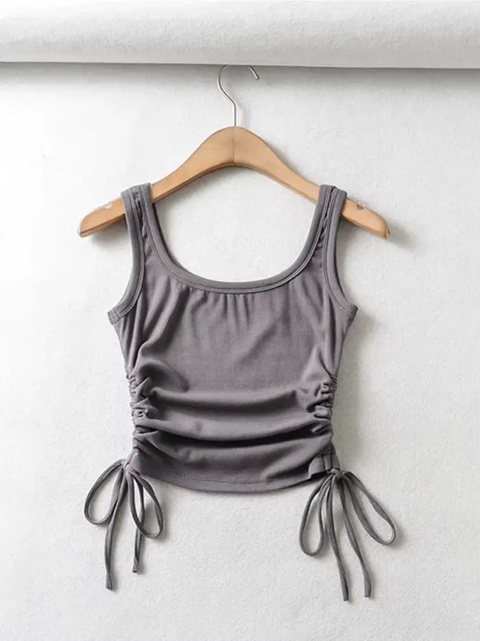 Nouveauté filles décontracté couleur unie deux côtés cordon gilet plis froncé Sexy débardeur et Cami
