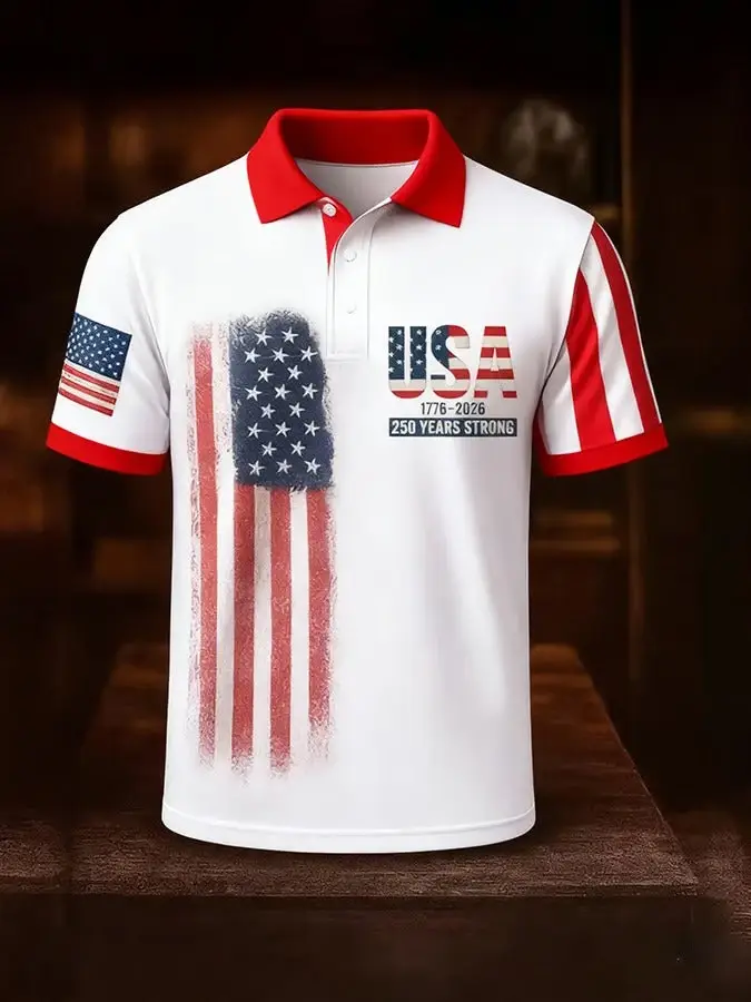 Polo Homme Drapeau Américain Tendance en Promotion – Style Rétro Respirant à Manches Courtes pour le Jour de