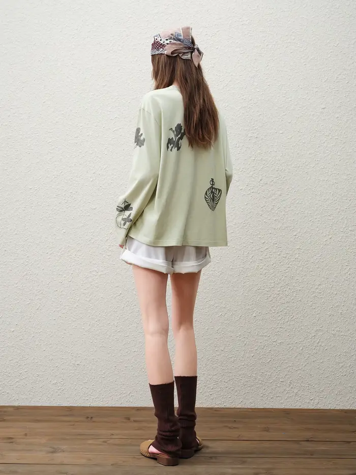 FSLE 【Série Premium】 T-shirt à manches longues pour femme en mélange de lin à imprimé botanique, nou