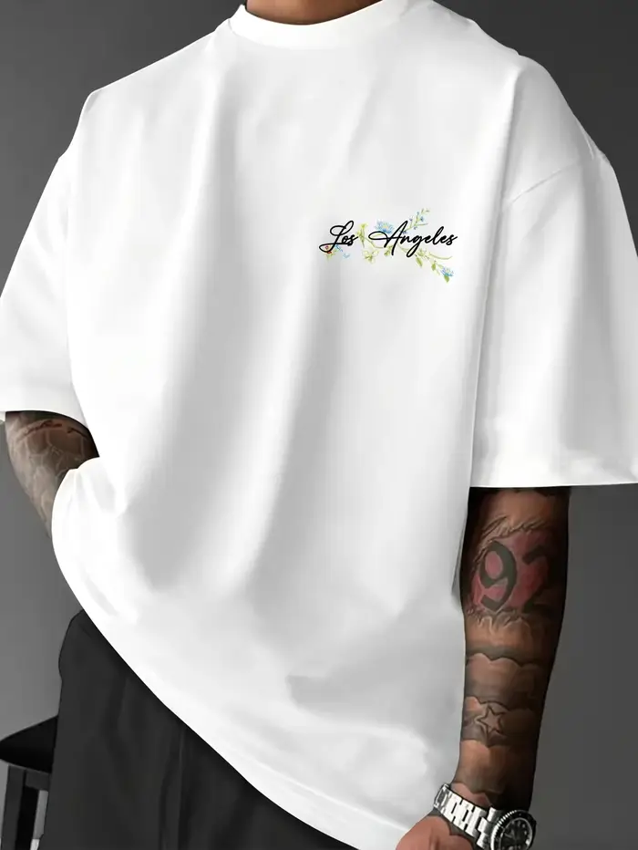 T-shirt en coton imprimé avec motif de lettres et de fleurs colorées - Simple et décontracté à manches courtes pour hommes et femmes