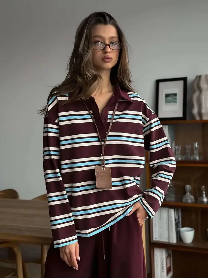 Wolfeel Femmes Vintage Inspiré Rétro Rayé Col Polo Surdimensionné Goutte Épaule Manches Longues T-Shirt À La Mode Haut Décontracté