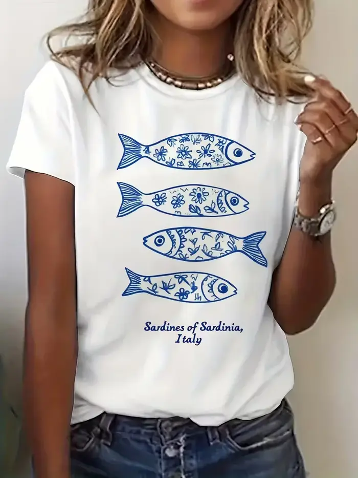 T-shirt graphique rétro Sardines Fish pour femme - Haut décontracté d'été à manches courtes et col rond imprimé pour