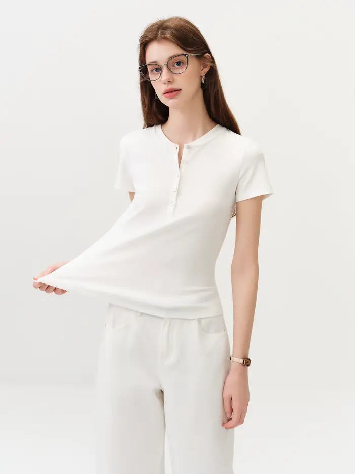 FSLE Nouveau T-shirt blanc ajusté à manches courtes pour femme avec boutons