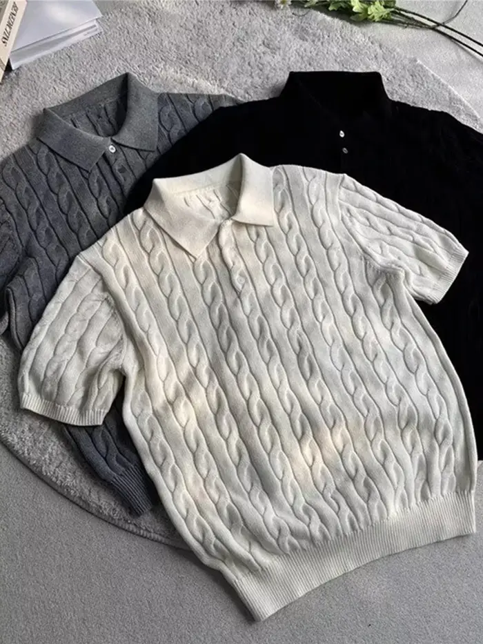 À la mode Slim Fit hommes tricoté polos été décontracté torsion Jacquard hauts en tricot