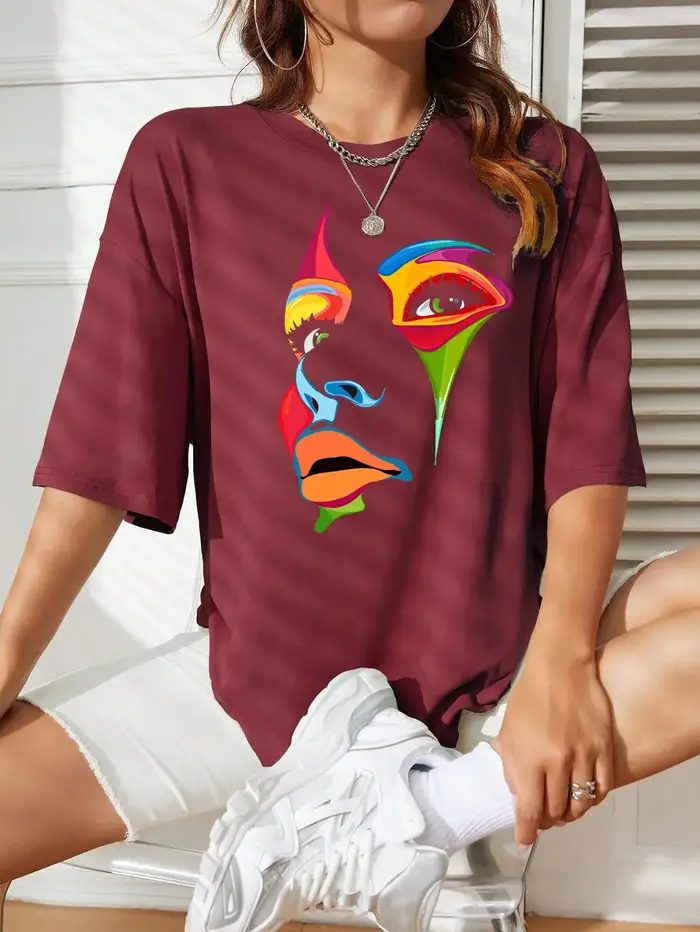 Peint dame visage personnalité Design impression T-Shirt femme rue confortable