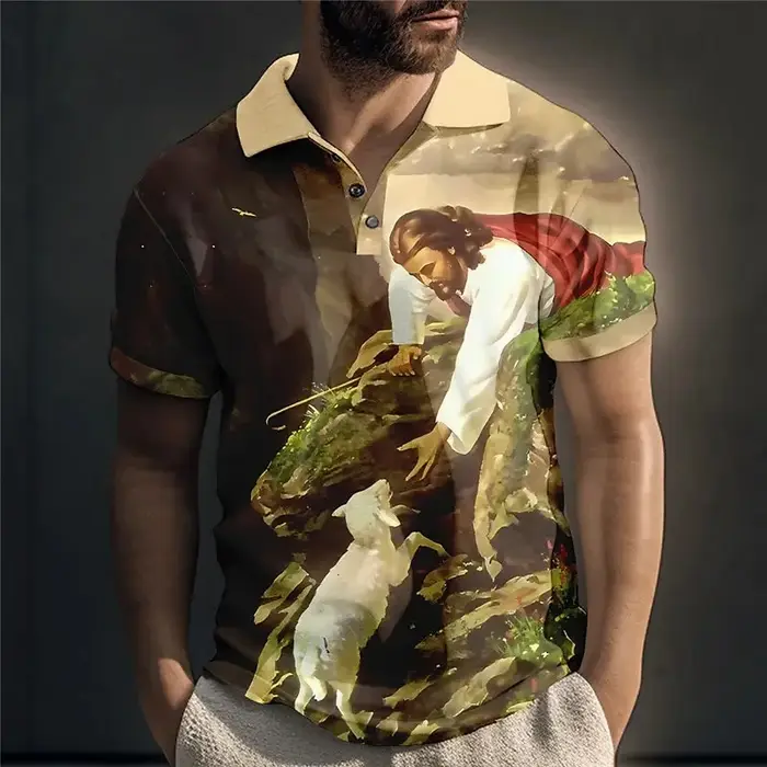 Polo à manches courtes avec impression 3D du Christ Jésus pour homme