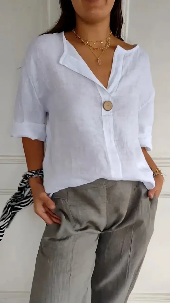 Blouse décontractée pour femme 2026 – Nouveau T-shirt ample d'été en coton et lin à col en V avec boutons – Vêtements féminins