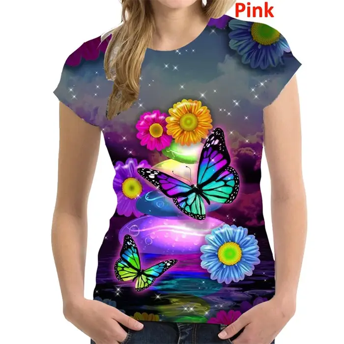 T-shirt manches courtes col rond femme, estival et décontracté, avec motif papillon et fleur, coloré
