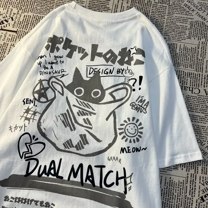 Été japonais rétro poche chat dessin animé imprimé à manches courtes T-shirt hommes femmes Couples u