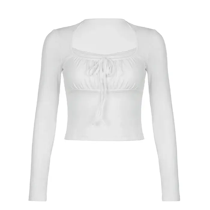 Bandage plis col carré haut court femmes Fairycore y2k blanc t-shirts basique tricoté élégant