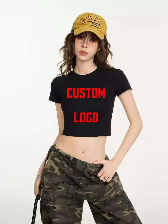 Haut court femmes LOGO personnalisé impression gratuite à manches courtes solide coupe ajustée col rond t-shirt basique
